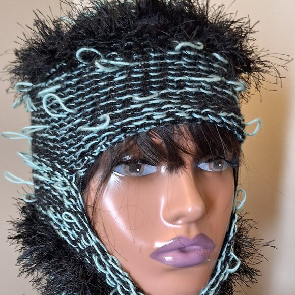 Fiber Riot 03 — Black & Mint Green Textured Knit Balaclava - Picture 2 of 5